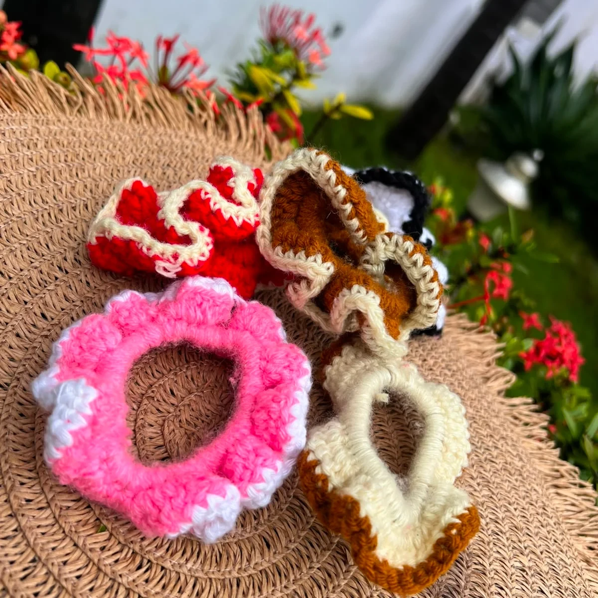 HOME Set of colorful crochet hair scrunchies in red, pink, and brown
